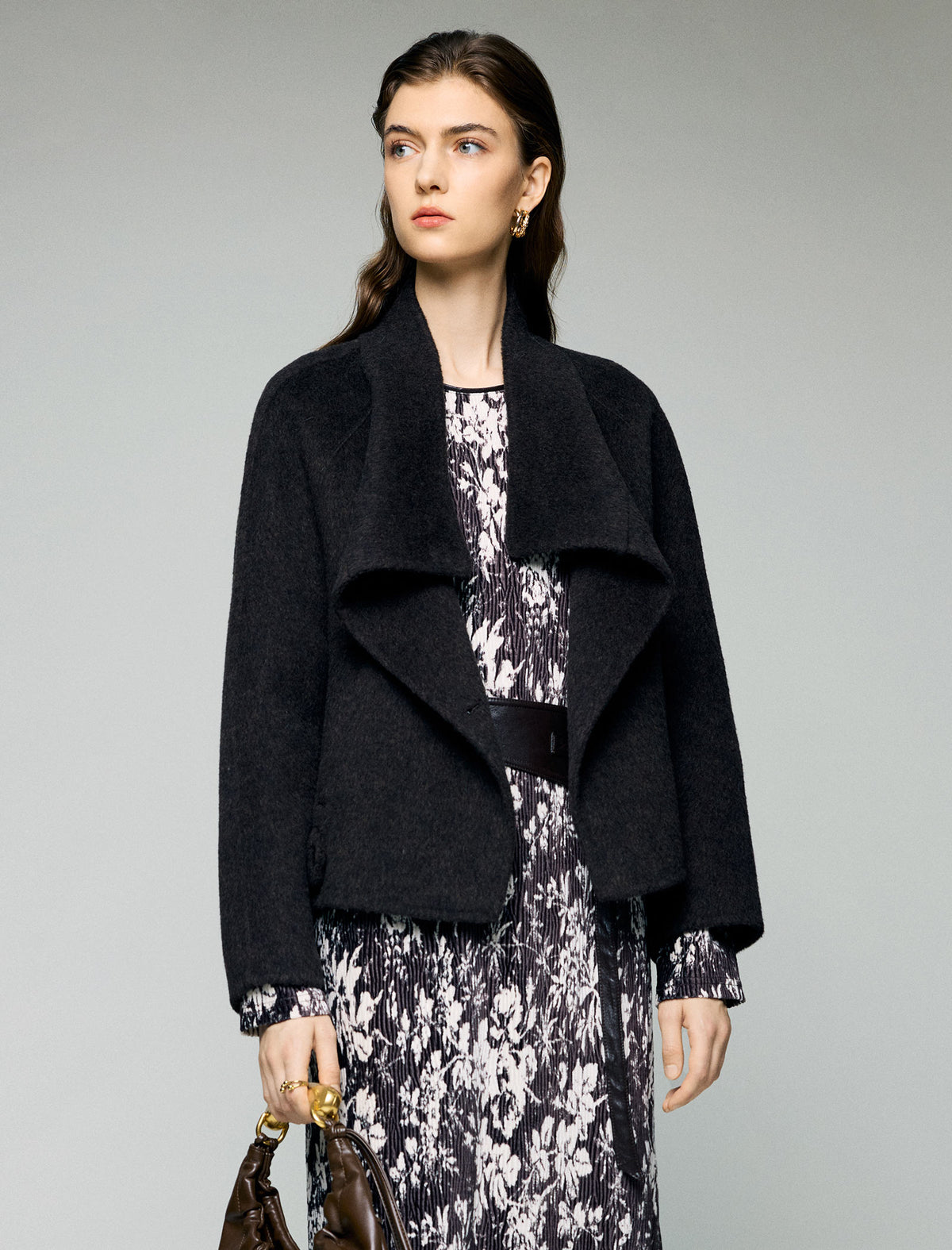 Wool Blend Ruched-Lapel Raglan-Sleeve Cropped Jacket