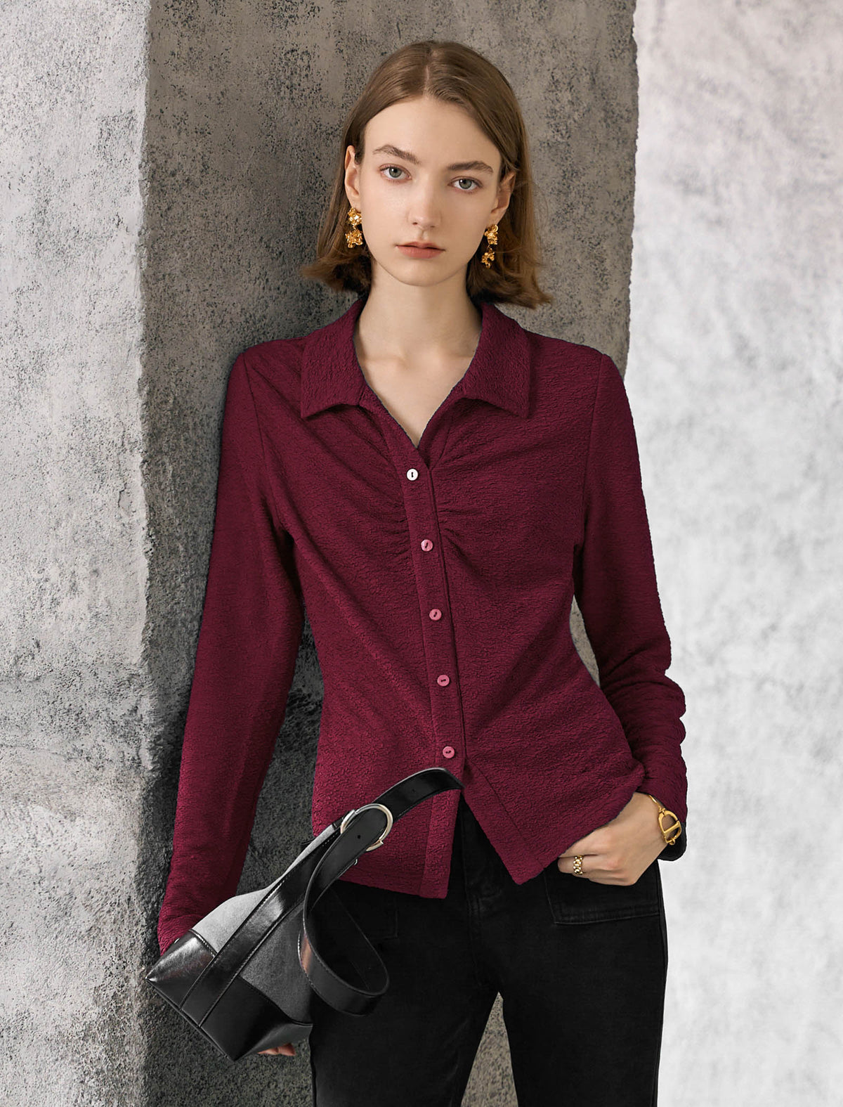 Vintage Pleated Button Textured Detail Polo Shirt