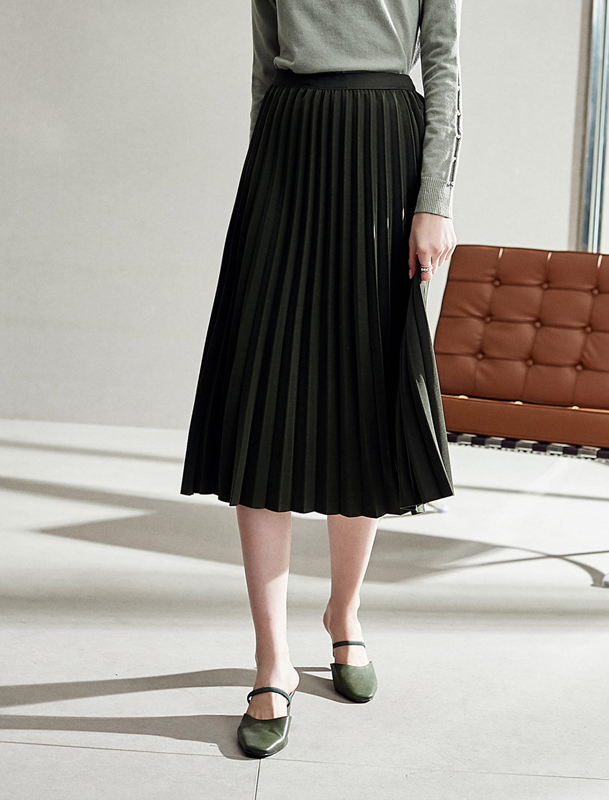 Pleated A-Line Midi Skirt