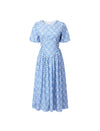 Gingham Print Puff-Sleeve Pleated Midi Dress
