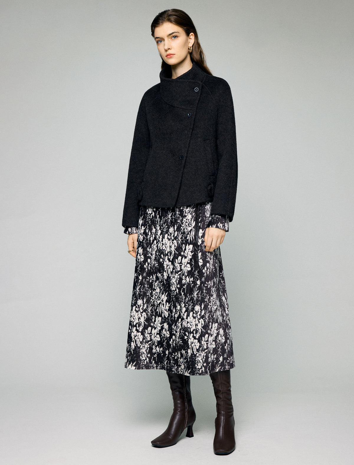 Wool Blend Ruched-Lapel Raglan-Sleeve Cropped Jacket