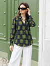 Abstract Grid Print Button-Down Blouse