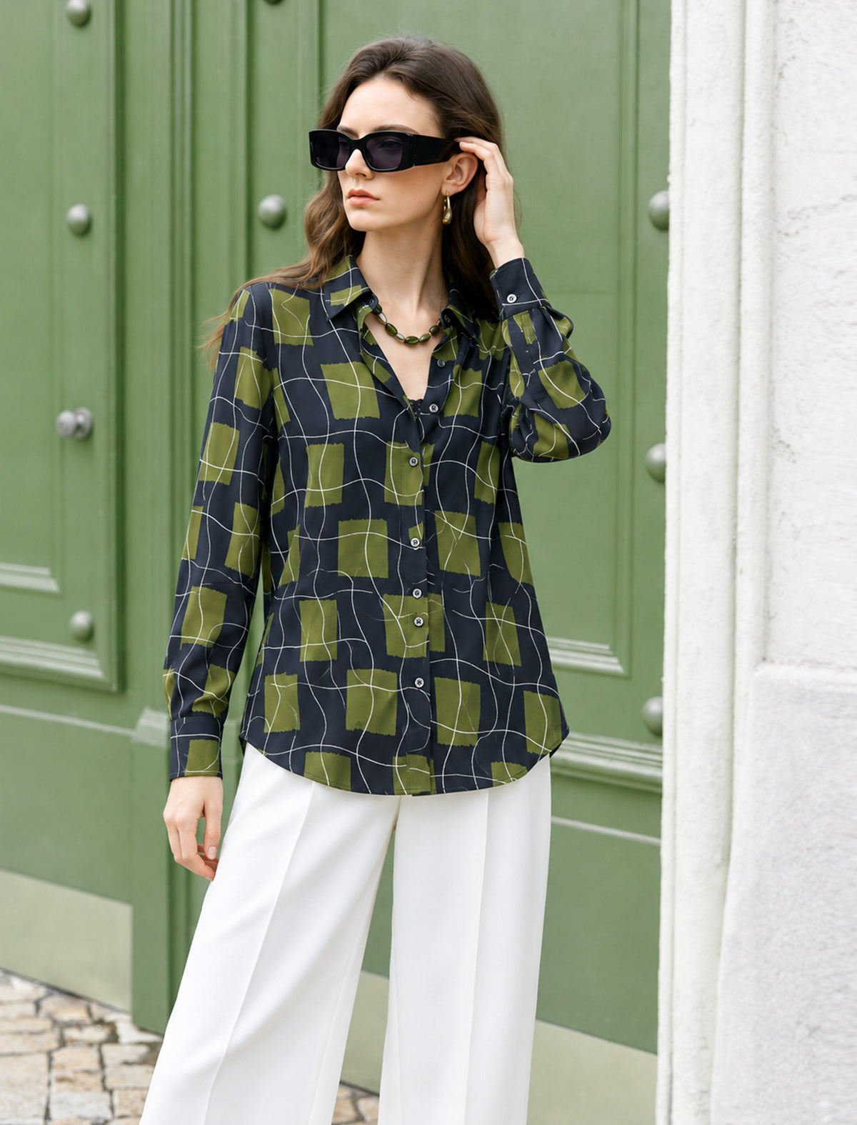 Abstract Grid Print Button-Down Blouse