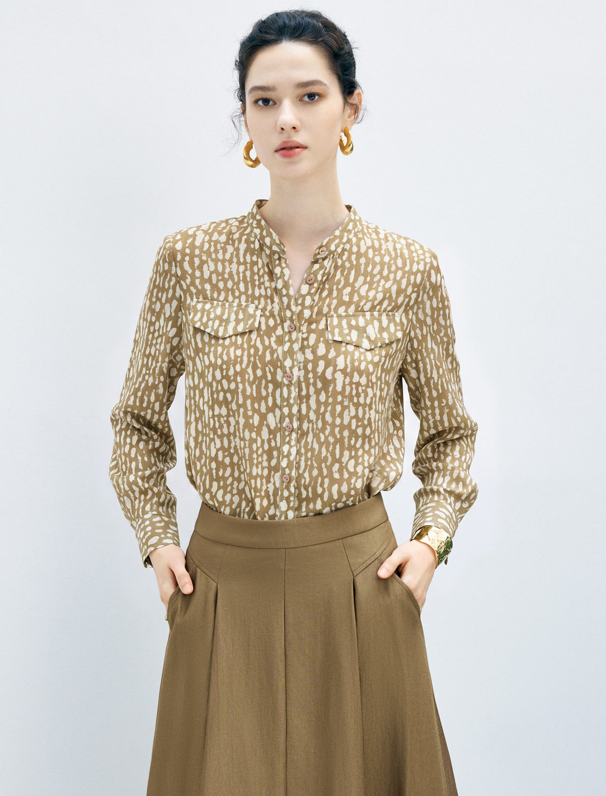 Floral Print Ruffle Neck Long Sleeve Blouse