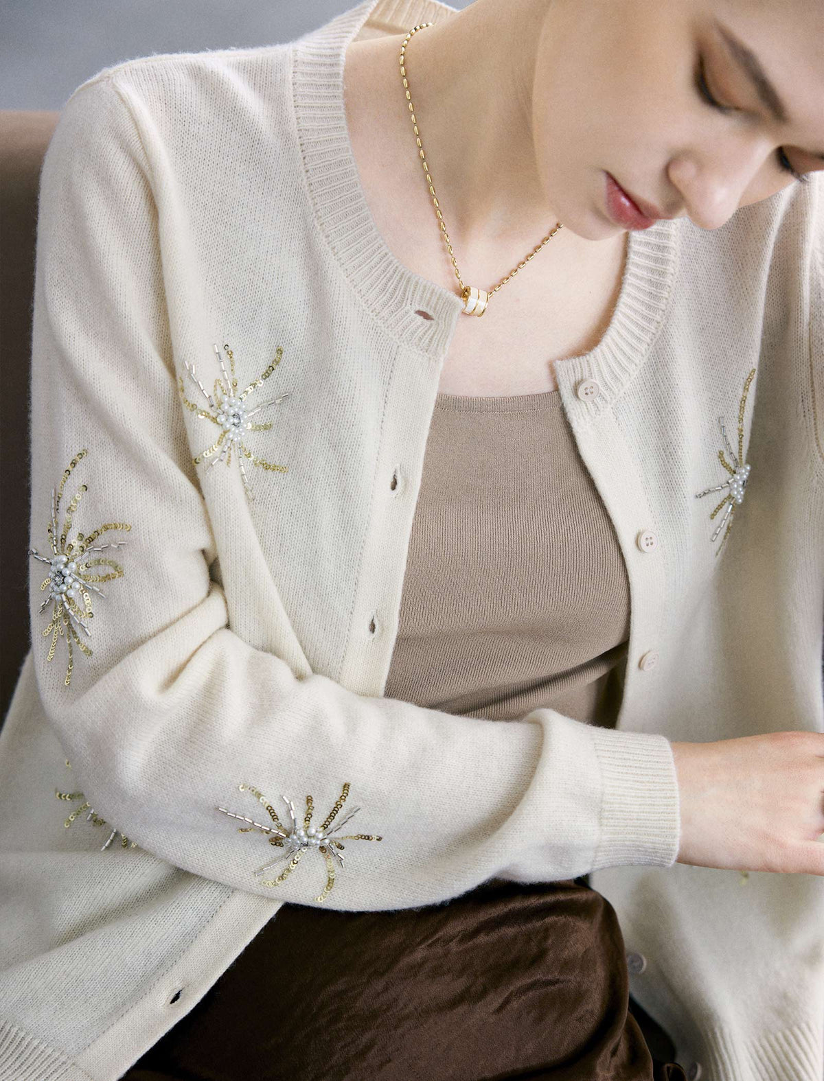 Wool Blend Beaded Firework Embroidery Long Sleeve Cardigan