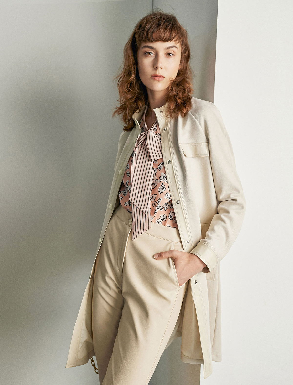 Beige PU Leather Pocket Detail Trench Coat