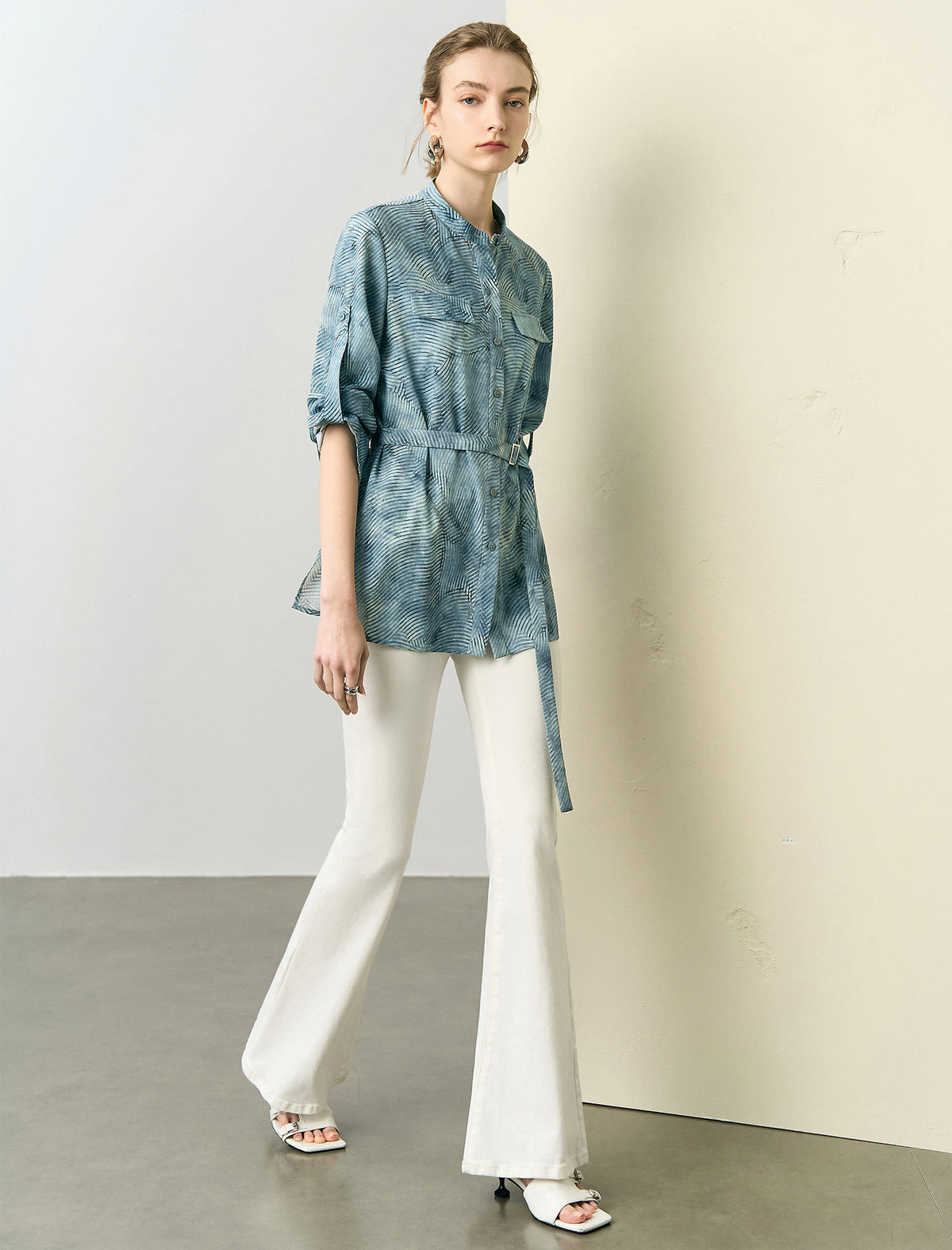 Textured Pattern Stand Collar Belt Detail Blouse