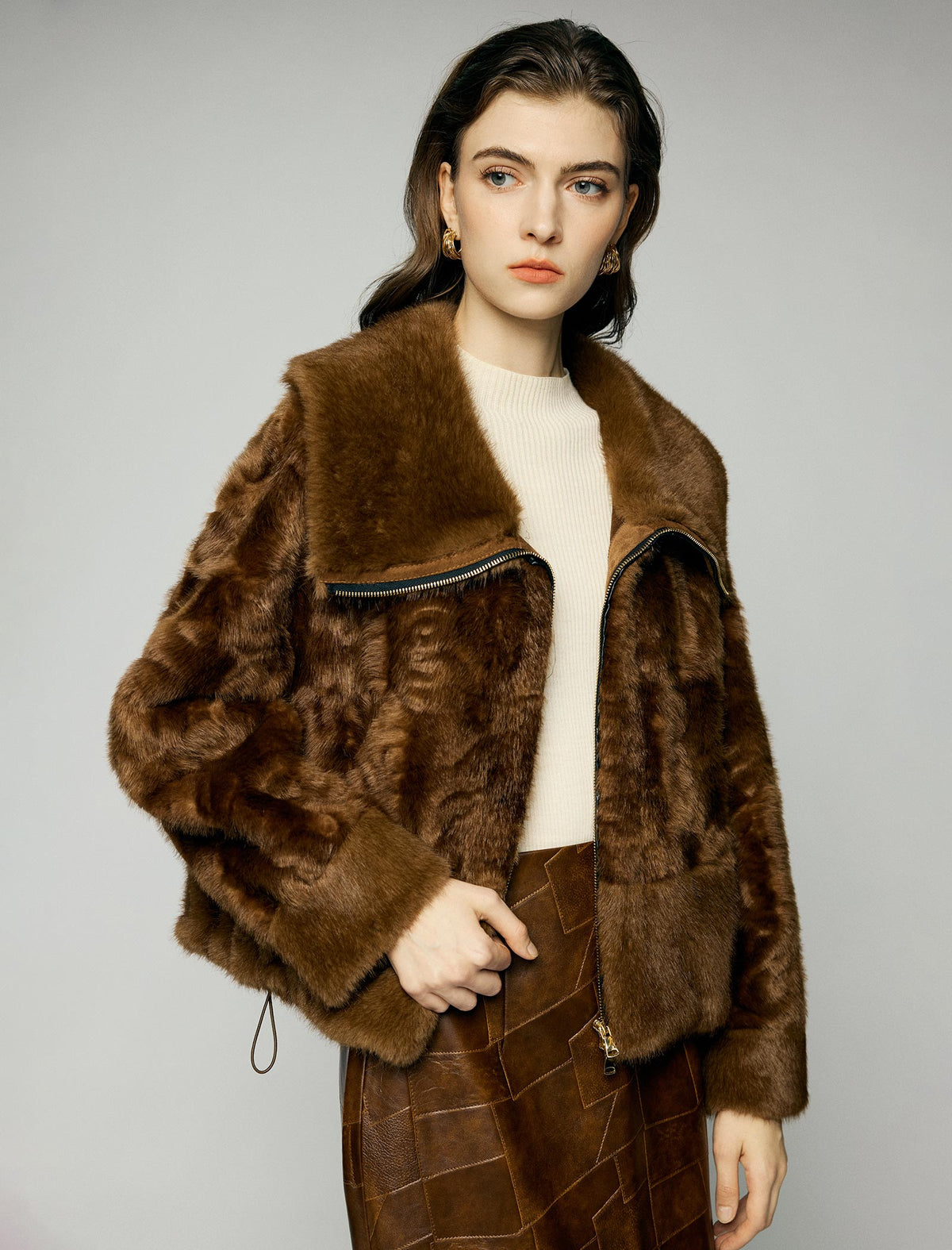 Plush Wide-Lapel Zip-Front Pocket Cropped Jacket