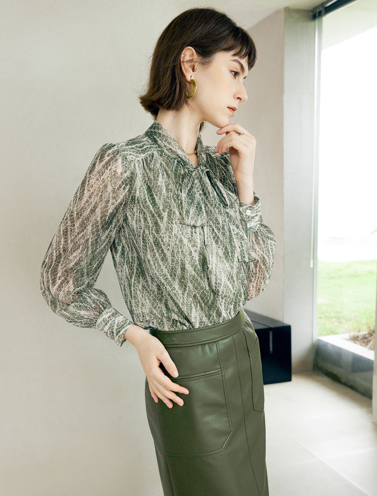 Vintage Tie-Waist Printed Long-Sleeve Blouse