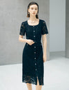 Black Lace Pearl Button Midi Dress