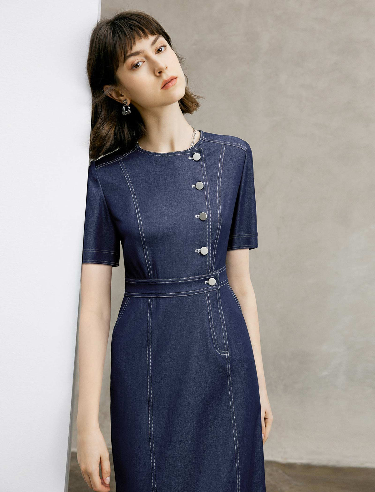 Denim Button Detail Short Sleeve Dress