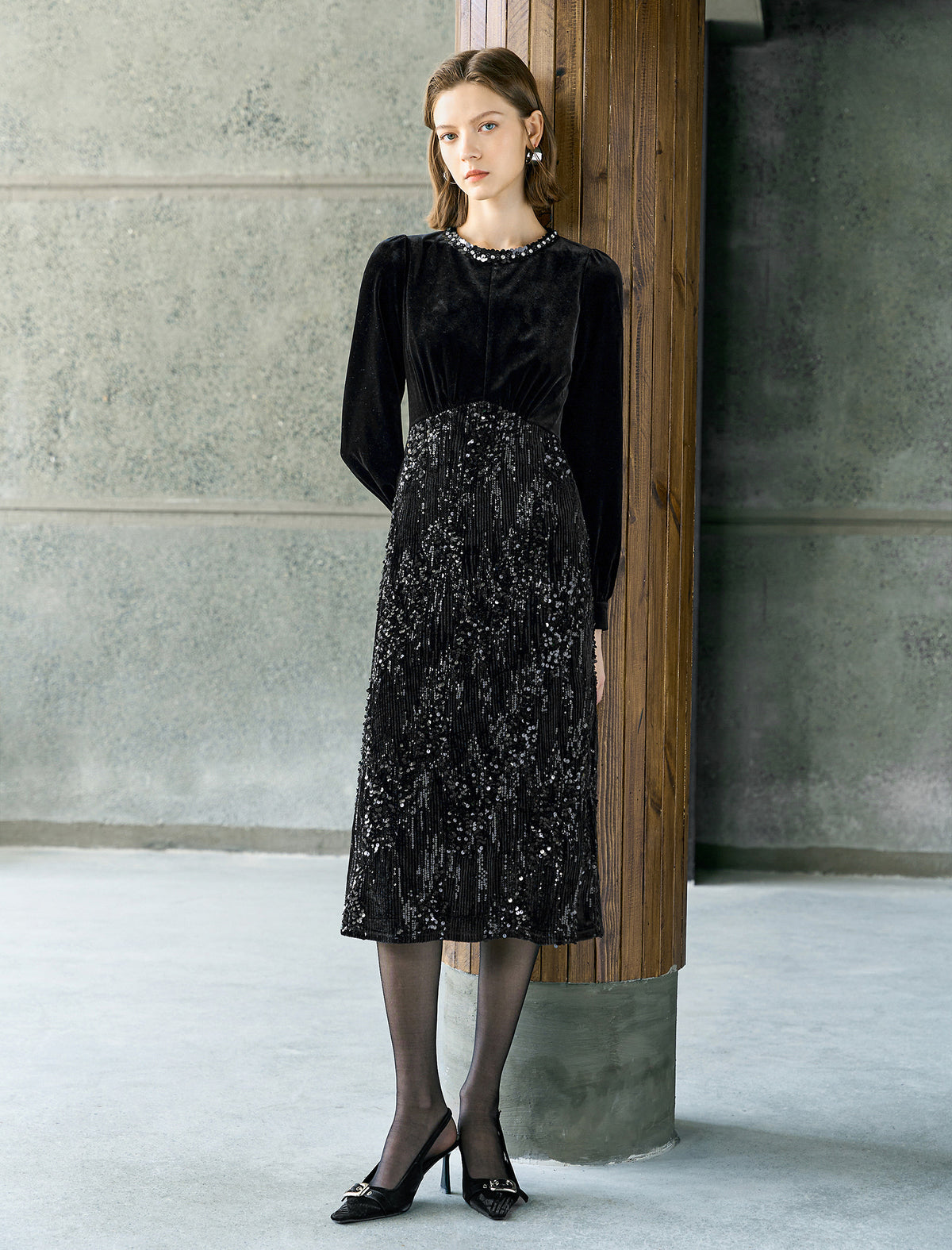 Black Velvet Sequin Midi Dress