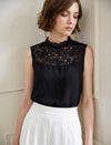 Lace Panel Chiffon Stand Collar Sleeveless Top
