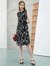 100% Mulberry Silk Black Botanical Sleeveless Midi Dress