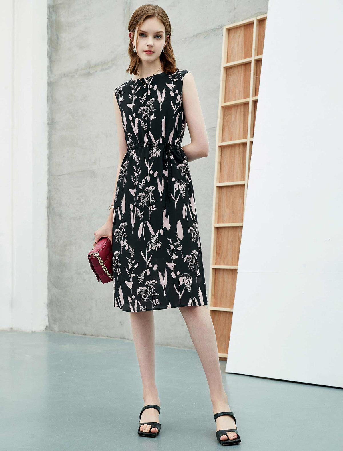 100% Mulberry Silk Black Botanical Sleeveless Midi Dress
