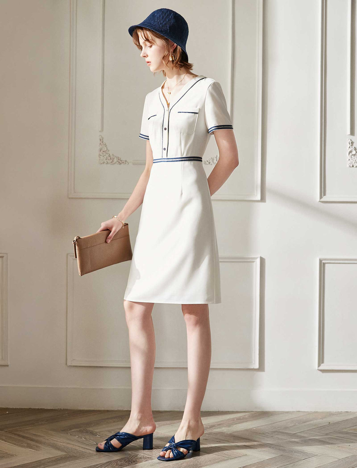 White Contrast Trim V-Neck A-Line Dress