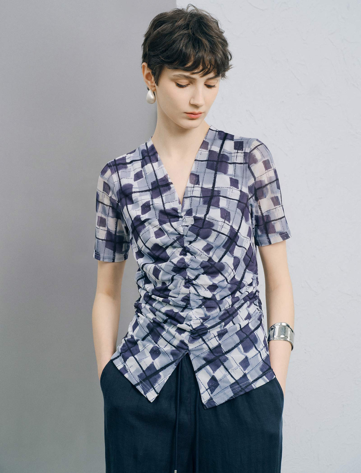 Blue Checked Ruched Front Top