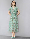 Green Floral V-Neck Tie Waist Midi Chiffon Dress