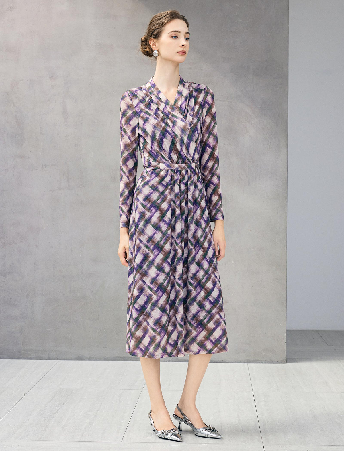 Watercolor Plaid Wrap V-Neck Belted Midi Dress