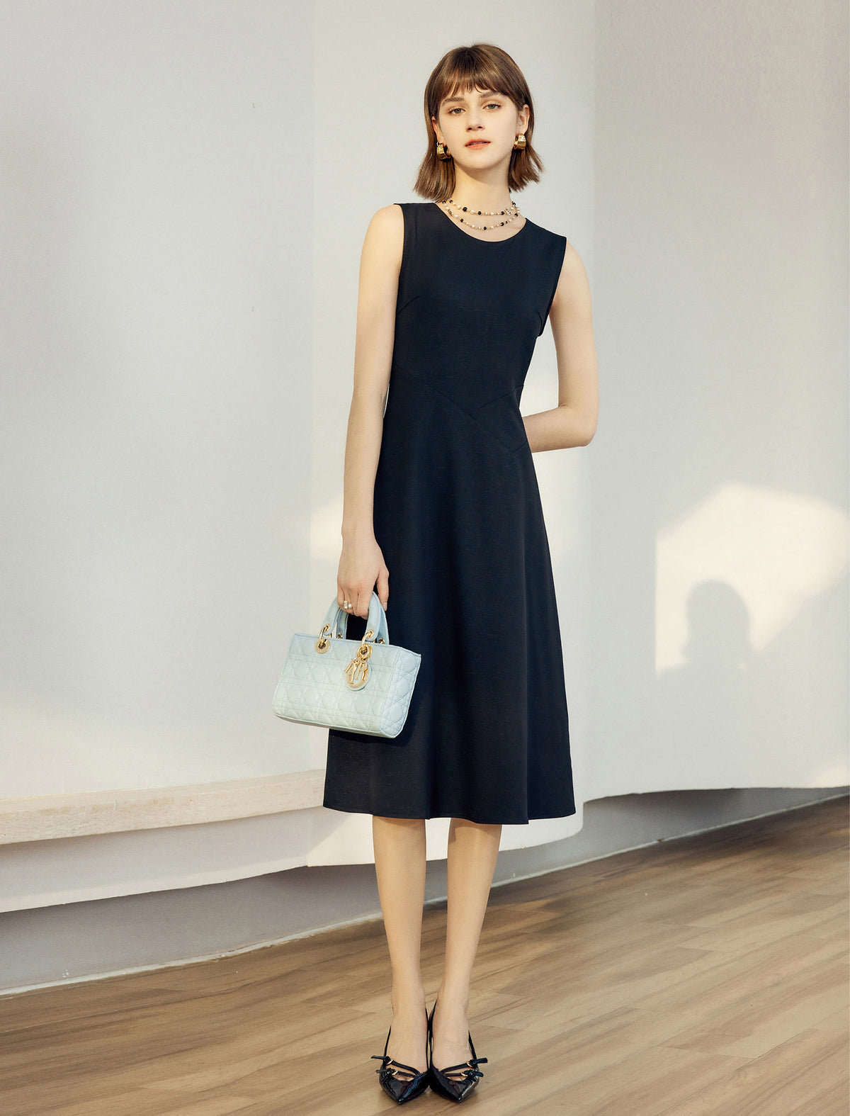 Sleeveless Shimmer Grid A-Line Midi Dress