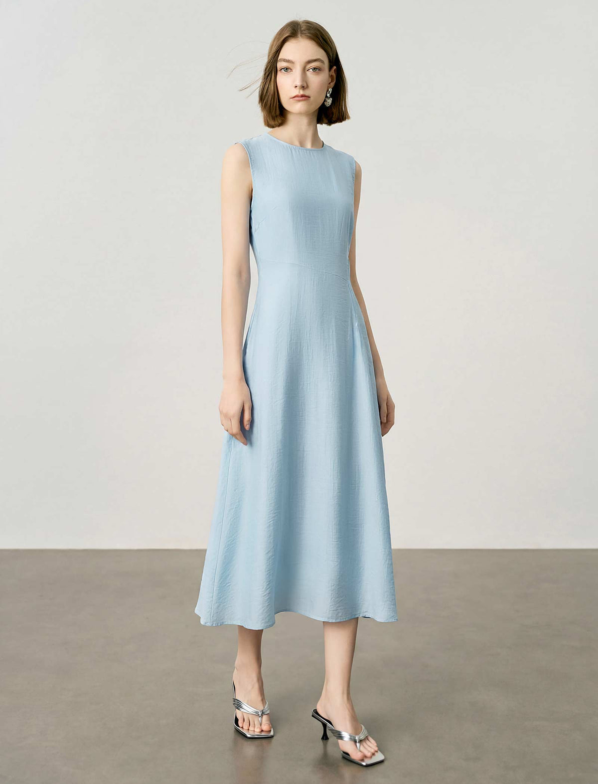 Light Blue Tencel Sleeveless A-Line Midi Dress