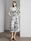 Watercolor Floral Puff Sleeve Midi Dress
