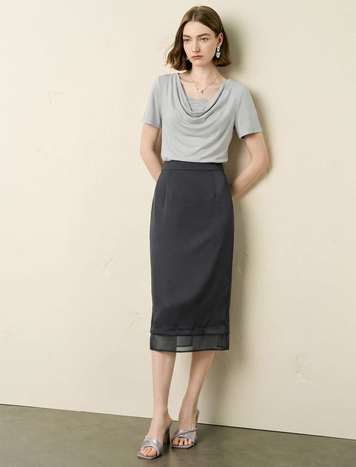 Cowl‑Neck Lace‑Panel Knit Top