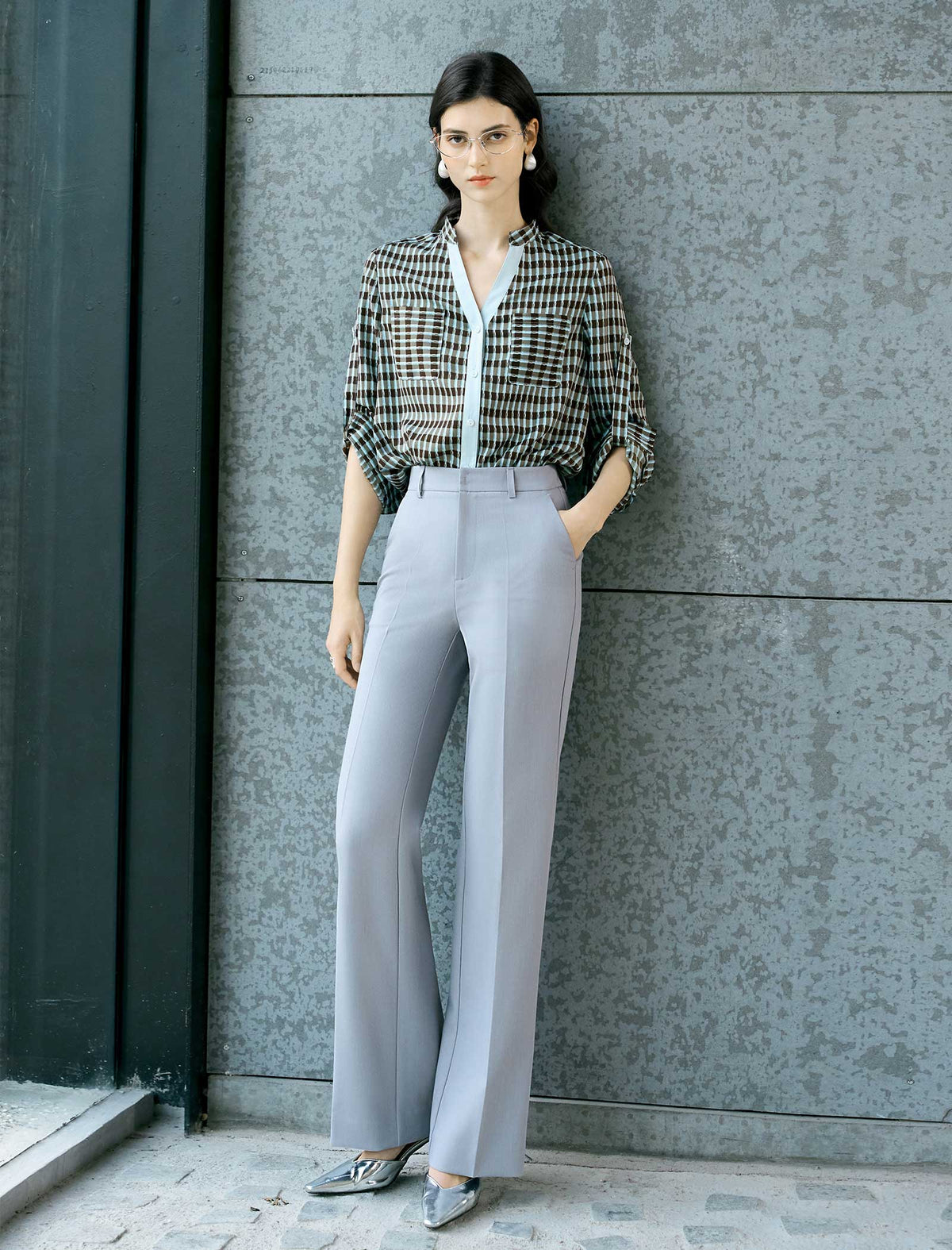 Checked Button-Down V Neck Shirt