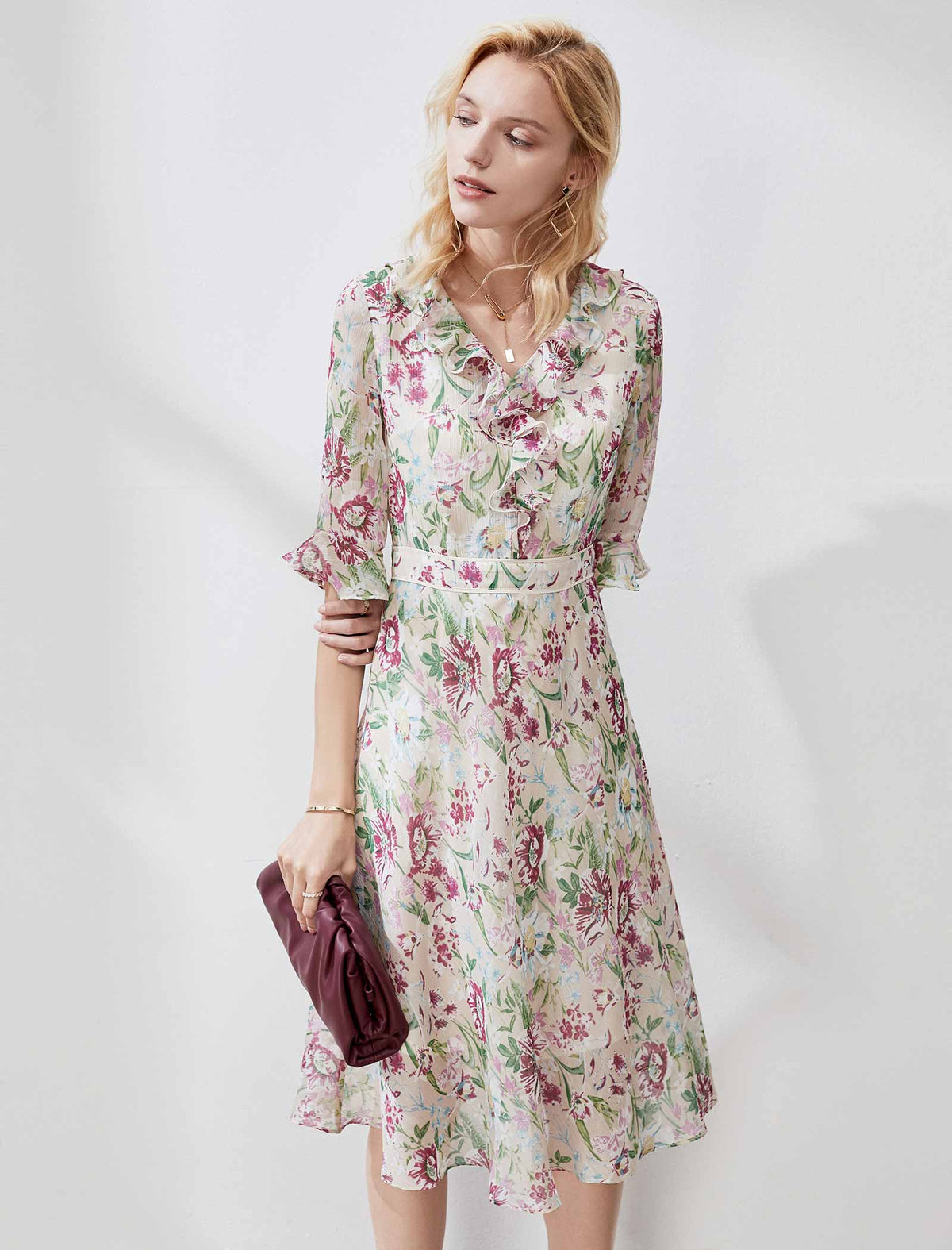 Chiffon Floral Waist-Cinched Ruffle Dress