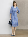 V‑Neck Drawstring Floral Chiffon Midi Dress