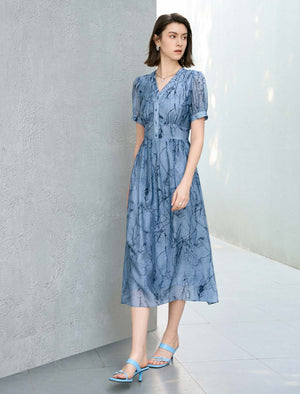 Abstract Print V-Neck Puff Sleeve Midi Dress