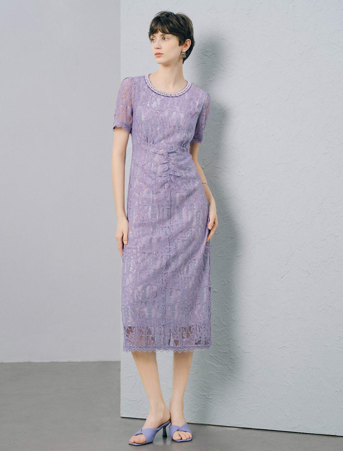 Lavender Sequin Lace Beaded Neck Ruched Waist Midi Dress