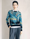 Vintage Landscape Jacquard Crew Neck Knit Top