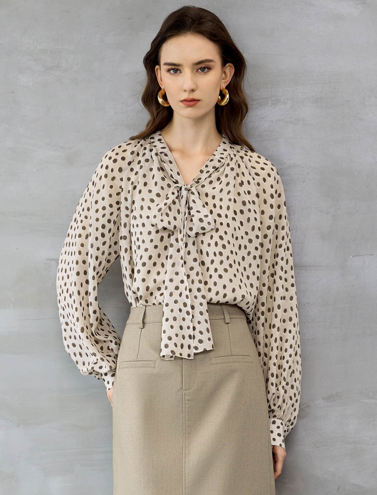 Oatmeal Ditsy Dot Tie-Neck Blouse