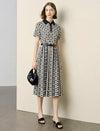 Polka Dot Print Collared Pleated Midi Shirt Dress