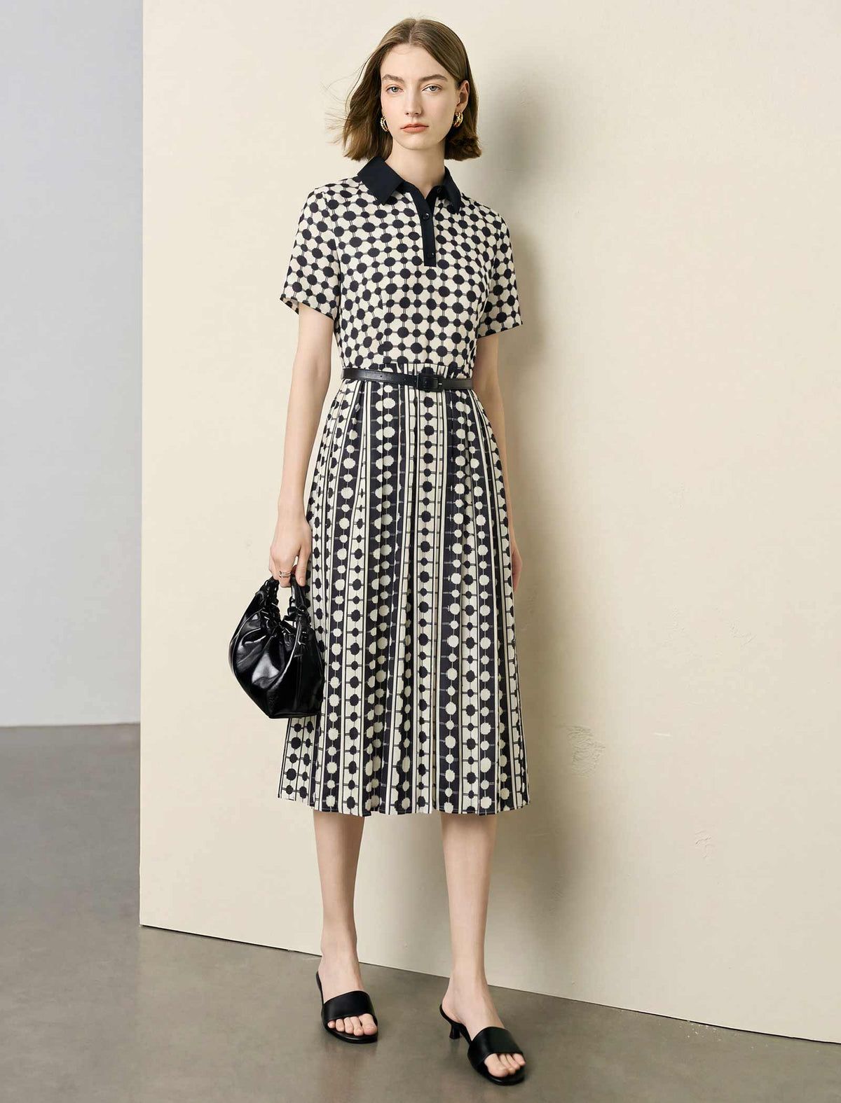 Polka Dot Print Collared Pleated Midi Shirt Dress