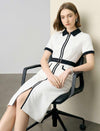 Contrast Collar Zip Front Belted Pencil Midi Office Dress