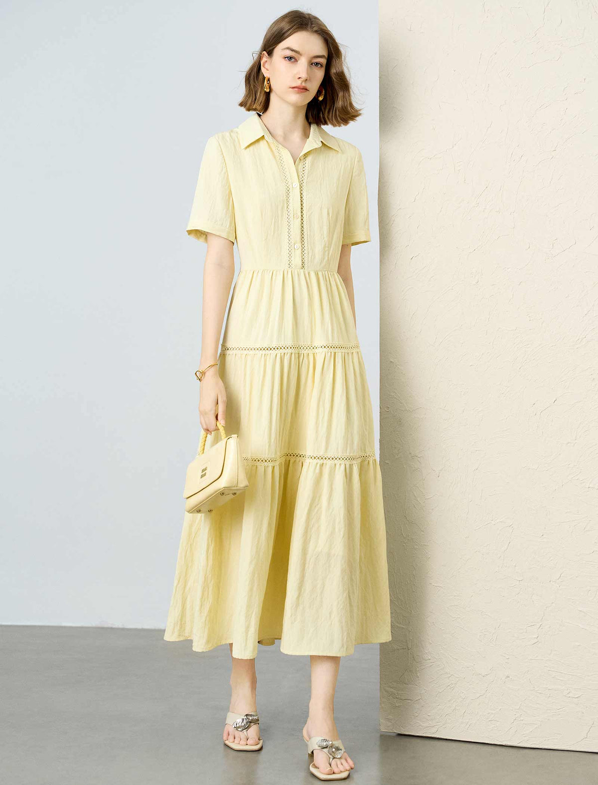Pale Yellow Tiered Tencel Linen Midi Shirt Dress