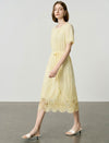 Pale Yellow Embroidery Lace Hem Tie Waist Midi Dress