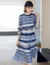 Blue Geometric Stripe 3/4 Sleeve Midi Dress