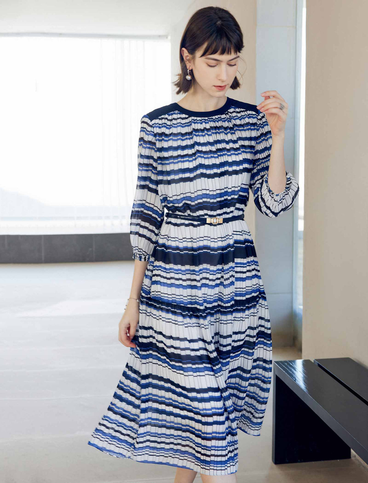 Blue Geometric Stripe 3/4 Sleeve Midi Dress