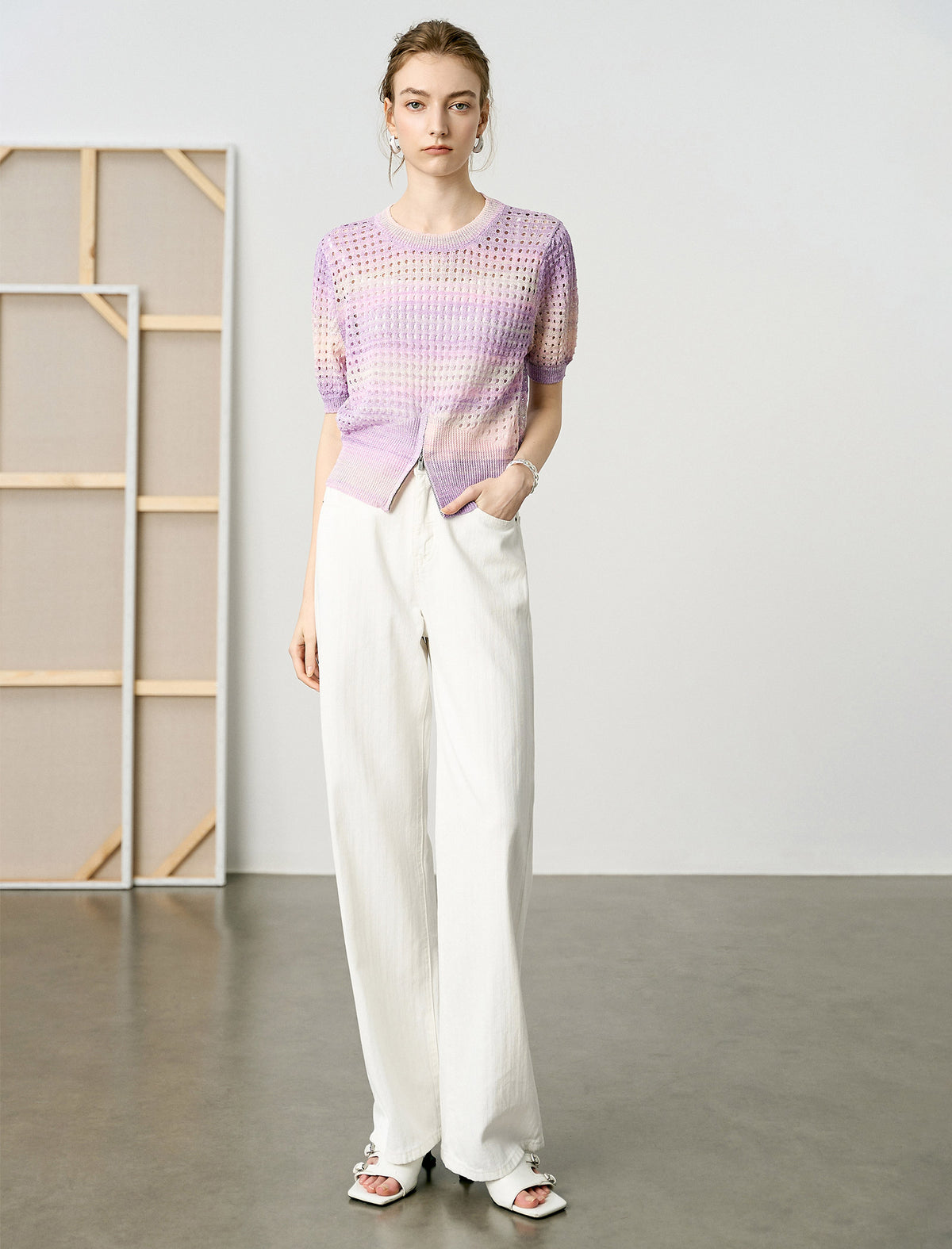 Gradient Hollow-Knit Short-Sleeve Knit Blouse