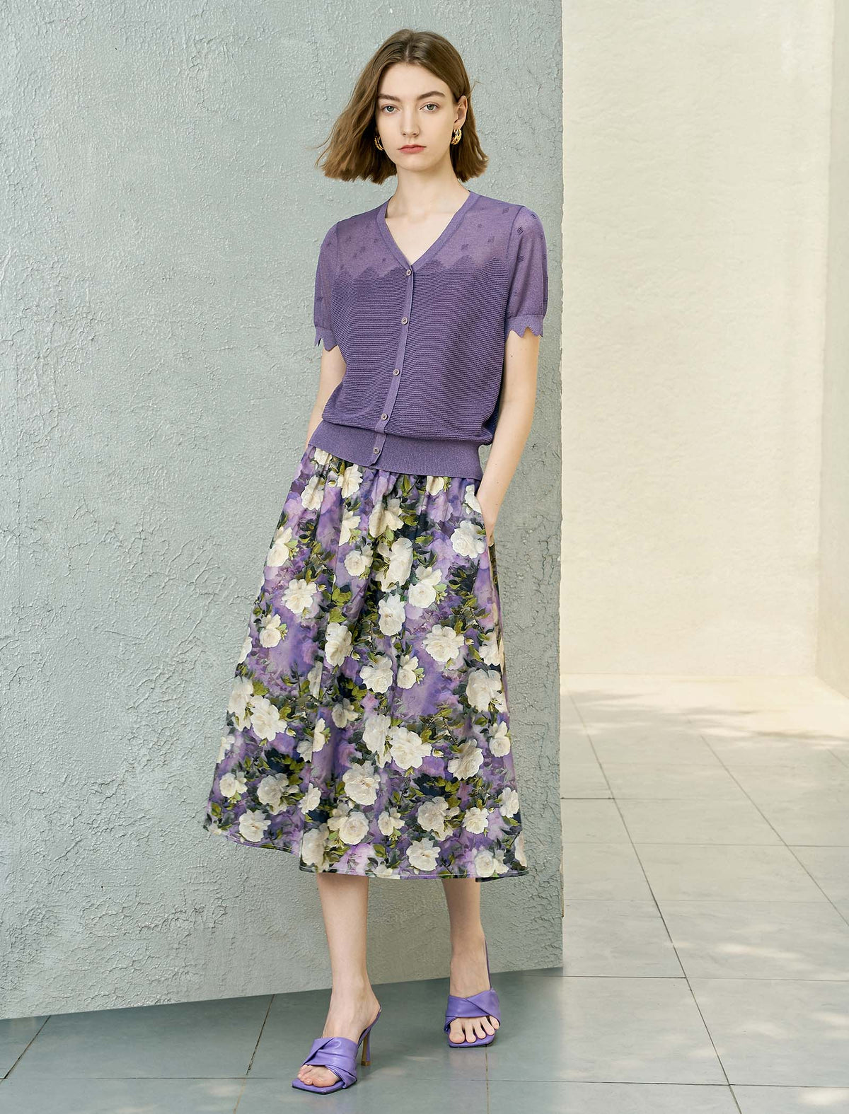 Lavender Scalloped Sleeve Knit Cardigan