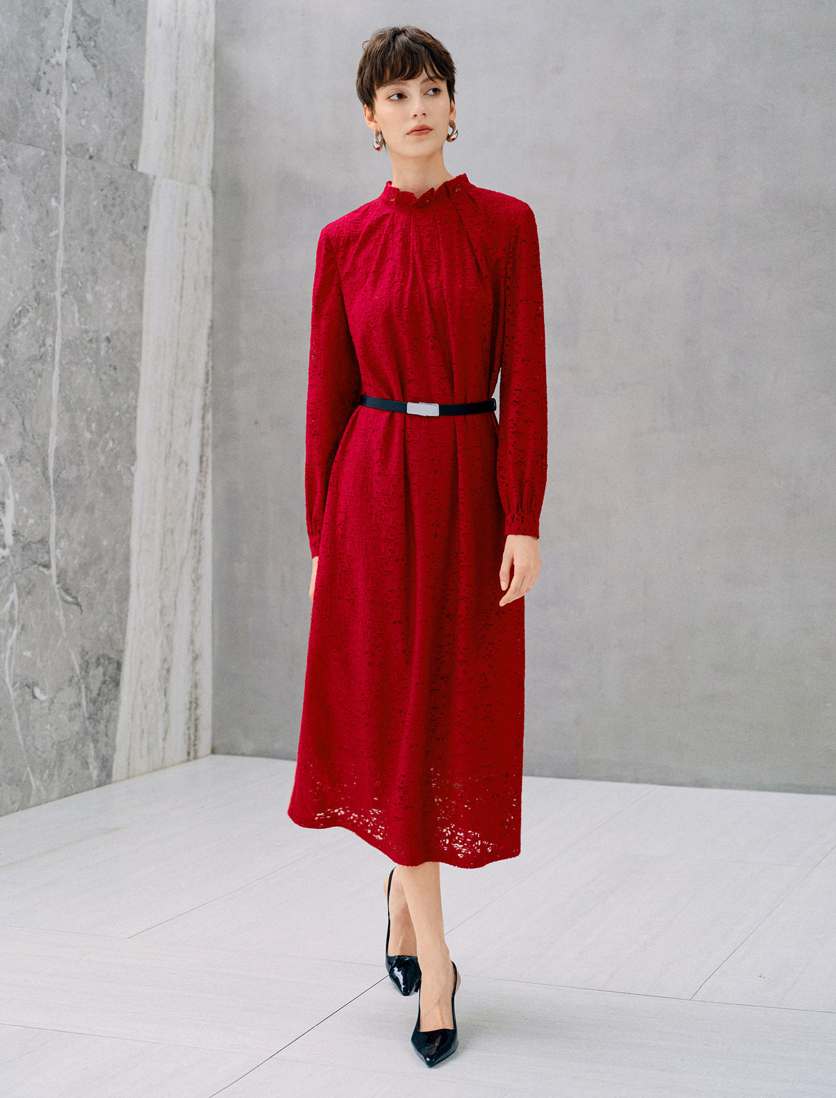 Lace Belted Long Sleeve Midi Dress