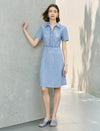 Blue Houndstooth Zipper Front Shirt Dress