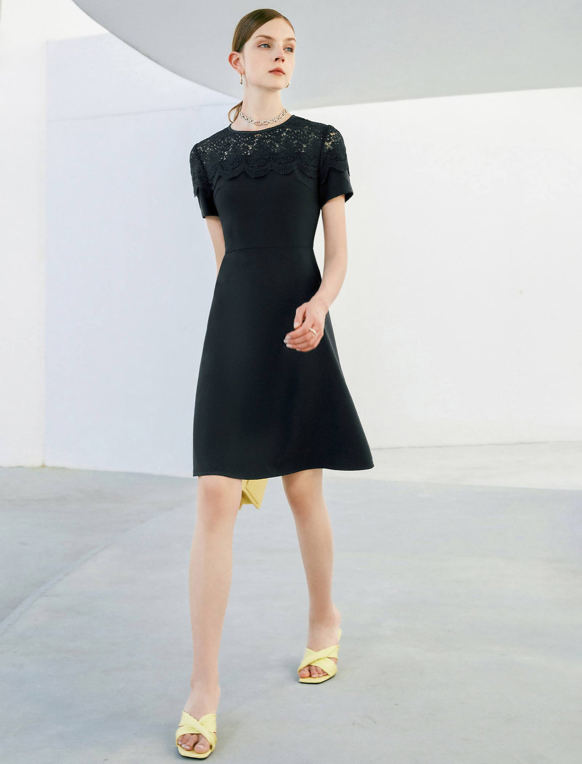 Lace Round Neck Waist-Cinched Dress