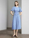 Gingham Print Puff-Sleeve Pleated Midi Dress