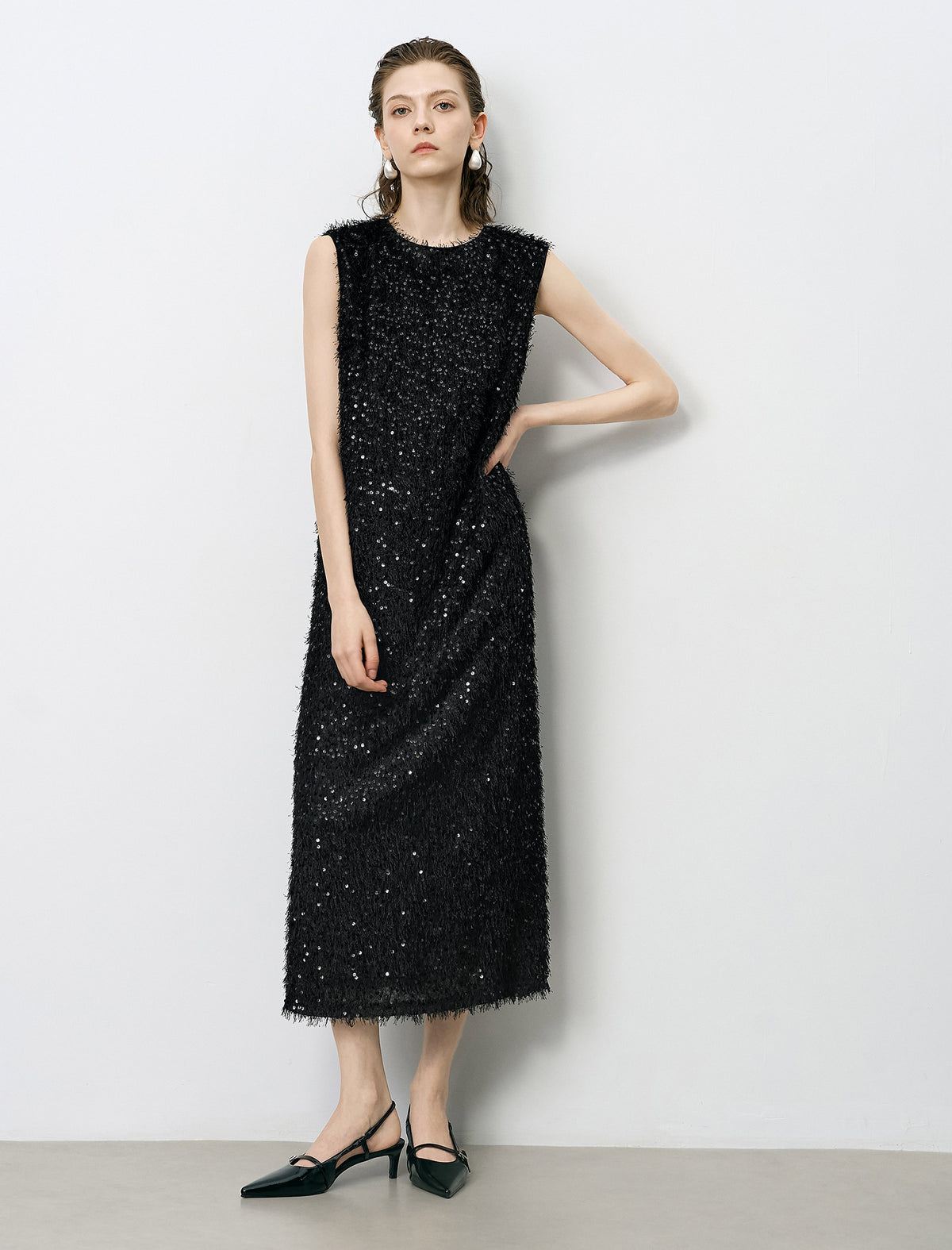 Black Sequin Sleeveless Midi Dress