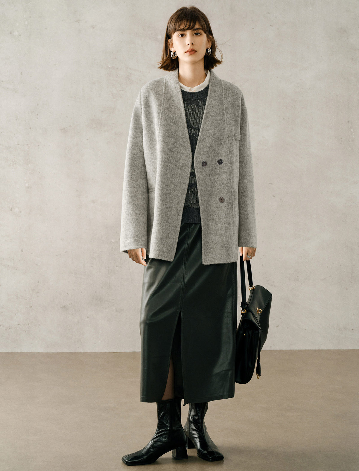 Wool Blend Relaxed Mid-Length Coat