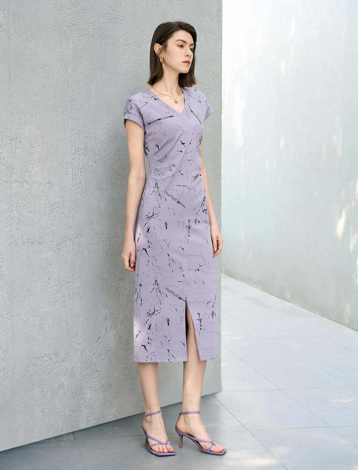 Lilac Marble Print Slit Midi Dress